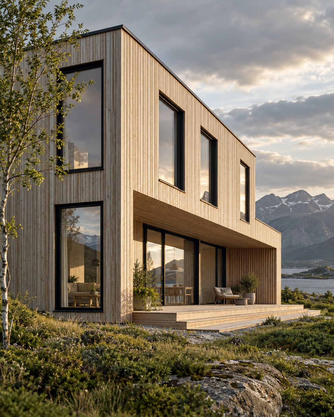 Illustrasjon av en moderne trebolig med store vinduer og terrasse i et norsk kystlandskap.